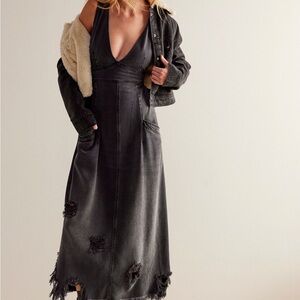 Free People Wonderland Black Distressed Denim Maxi Dress